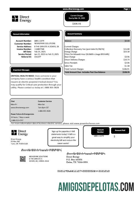 Em branco modelo de conta de serviços públicos de energia direta dos EUA Texas em formatos Word e PDF